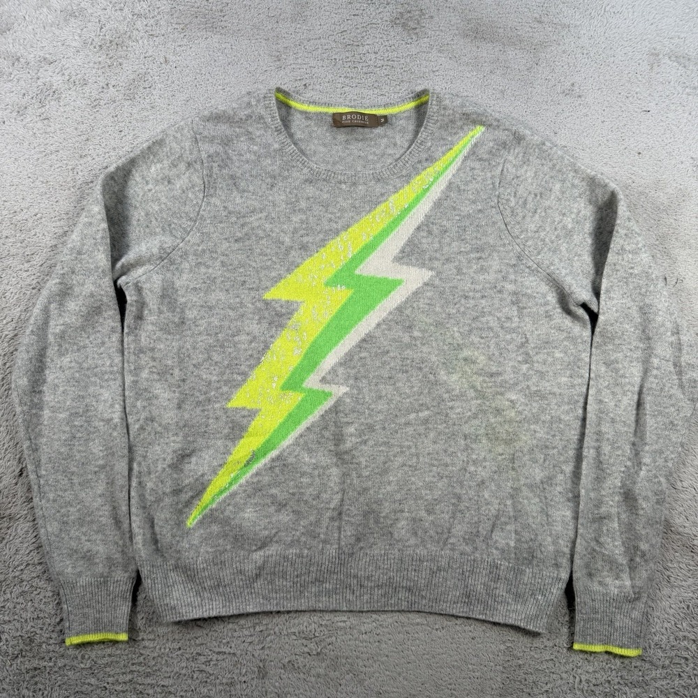 Brodie Sweater Womens Medium Grey 100% Cashmere Lightning Crewneck Pullover Soft